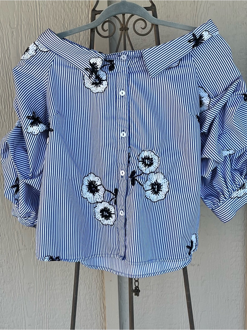 Charlotte Russe Shirt Blue Striped Floral Ruffle Sleeve Off Shoulder Button Up M